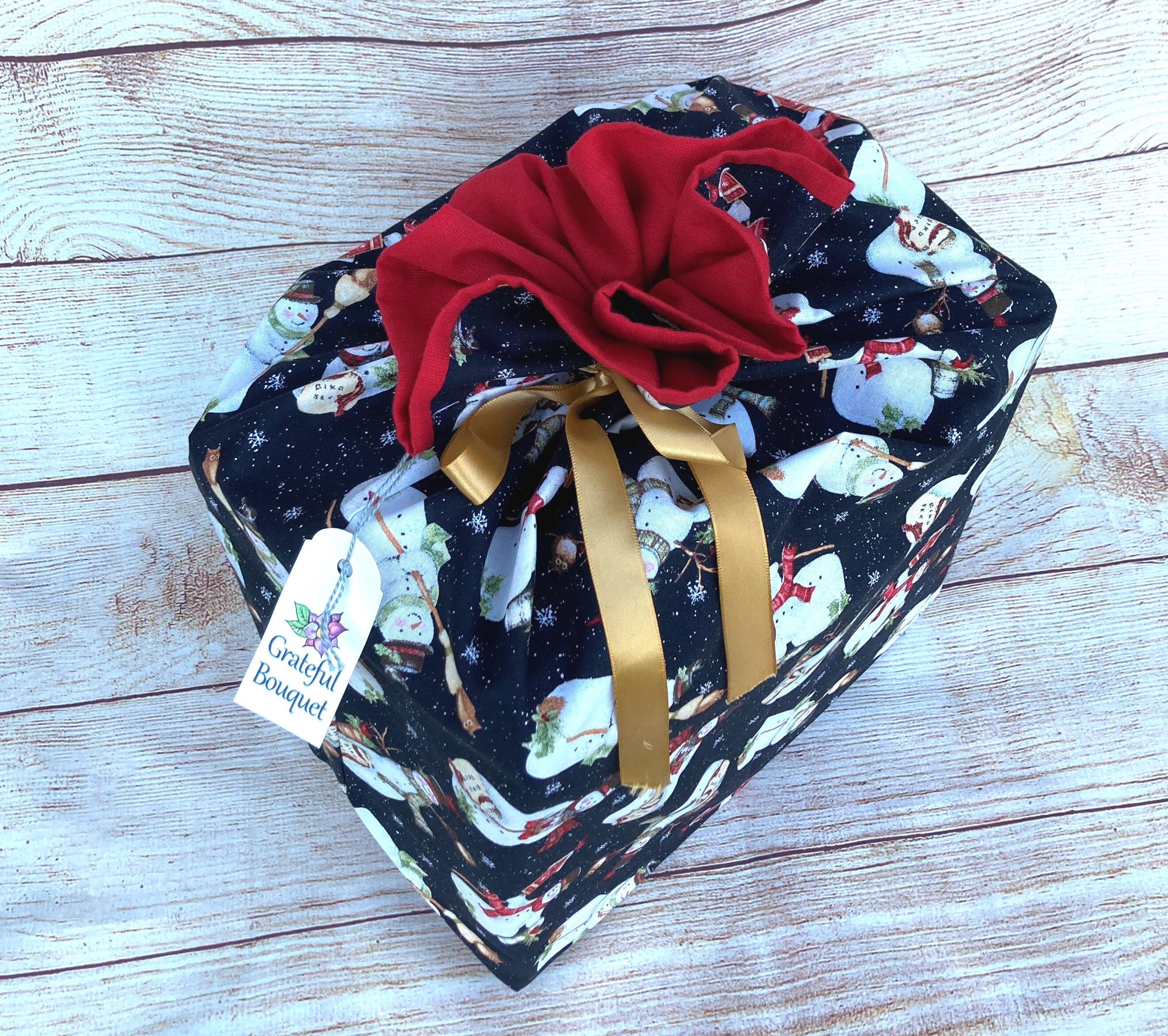 Reusable Cloth Bag; Black-red, medium. Snowmen. Cherries. - Thumbnail 2