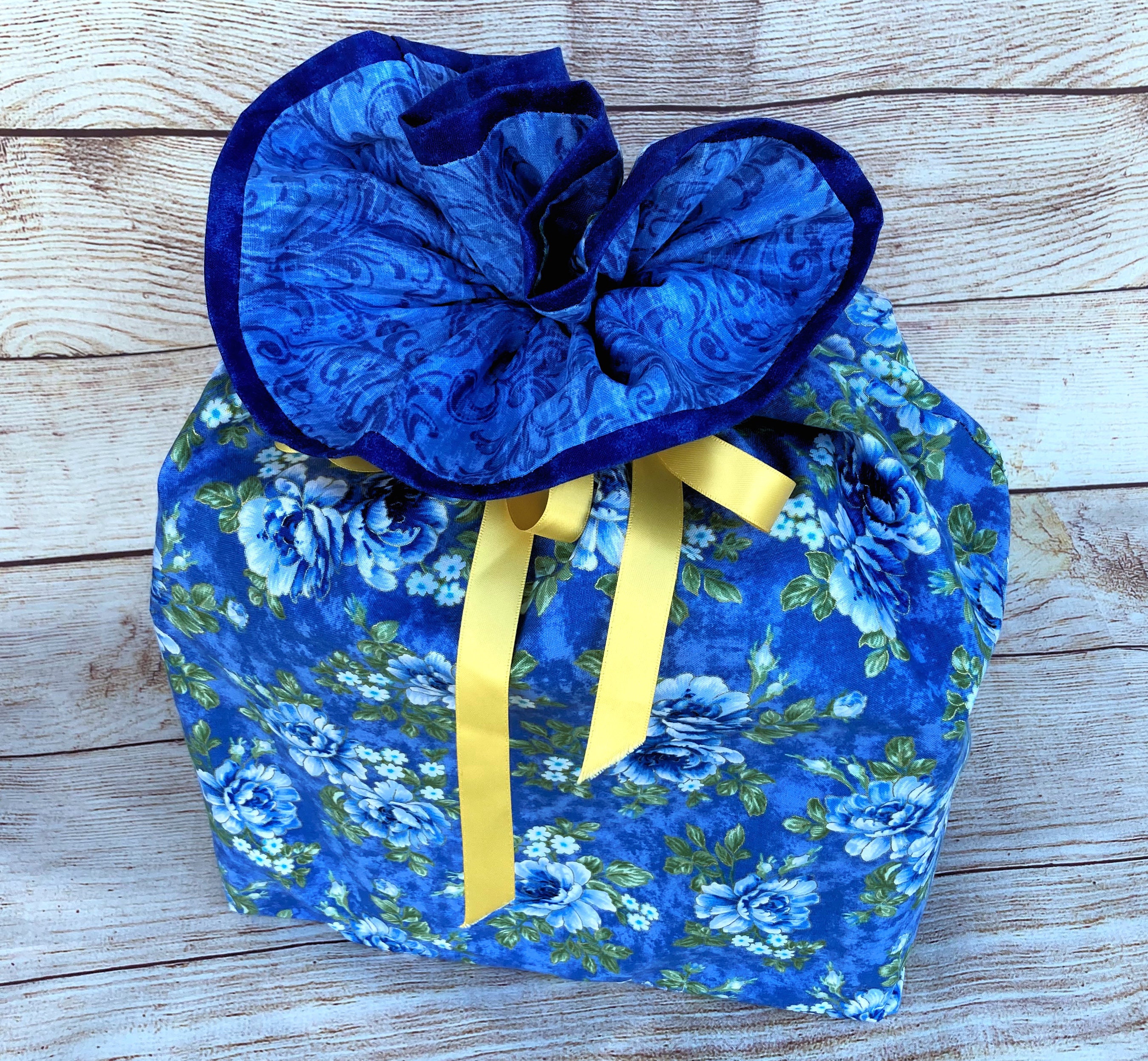 Reusable Cloth Bag; Blue & White Flowers