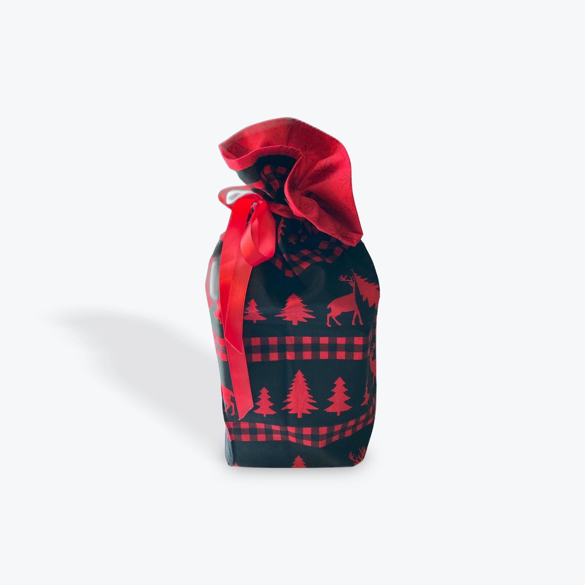 Reusable Cloth Gift Bag; Oh Deer Me! Black, red deer, red trees, Phat-Qtr size