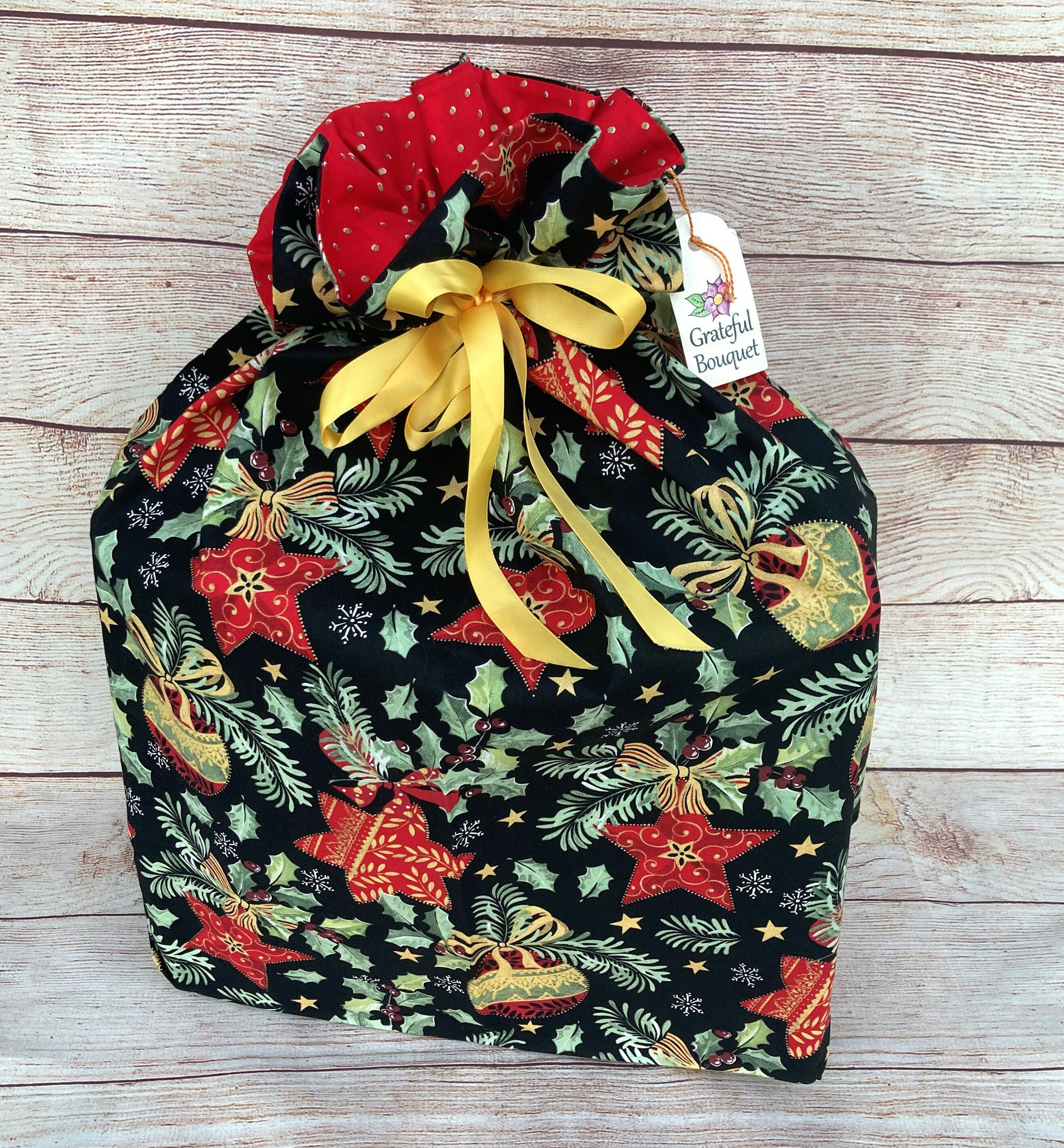 Reusable Cloth Bag; Old-World Style Black, Red, Holly, Large