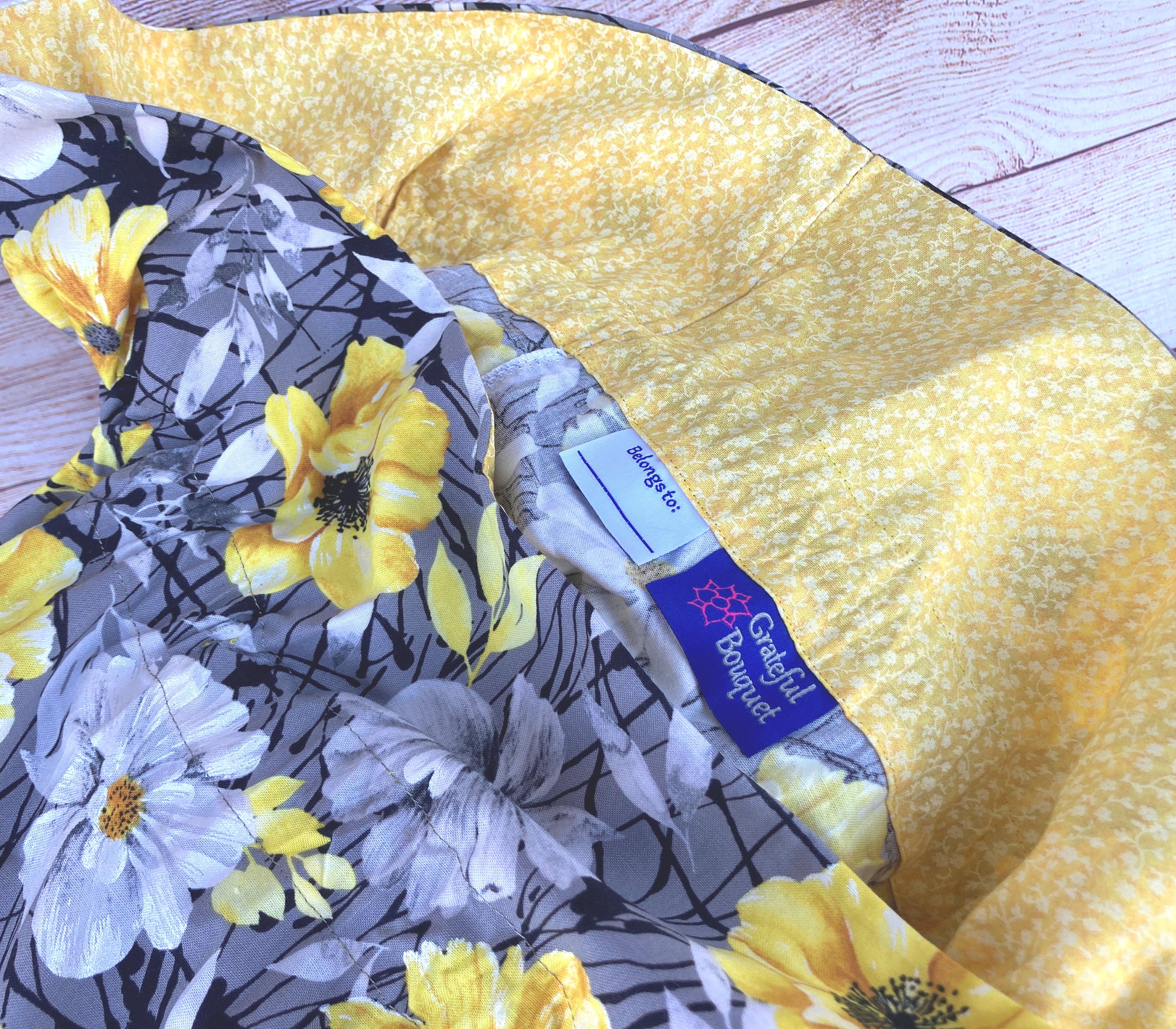 Reusable Cloth Bag; Yellow-Flowers, Gray, Black. Large/Small. - Thumbnail 3