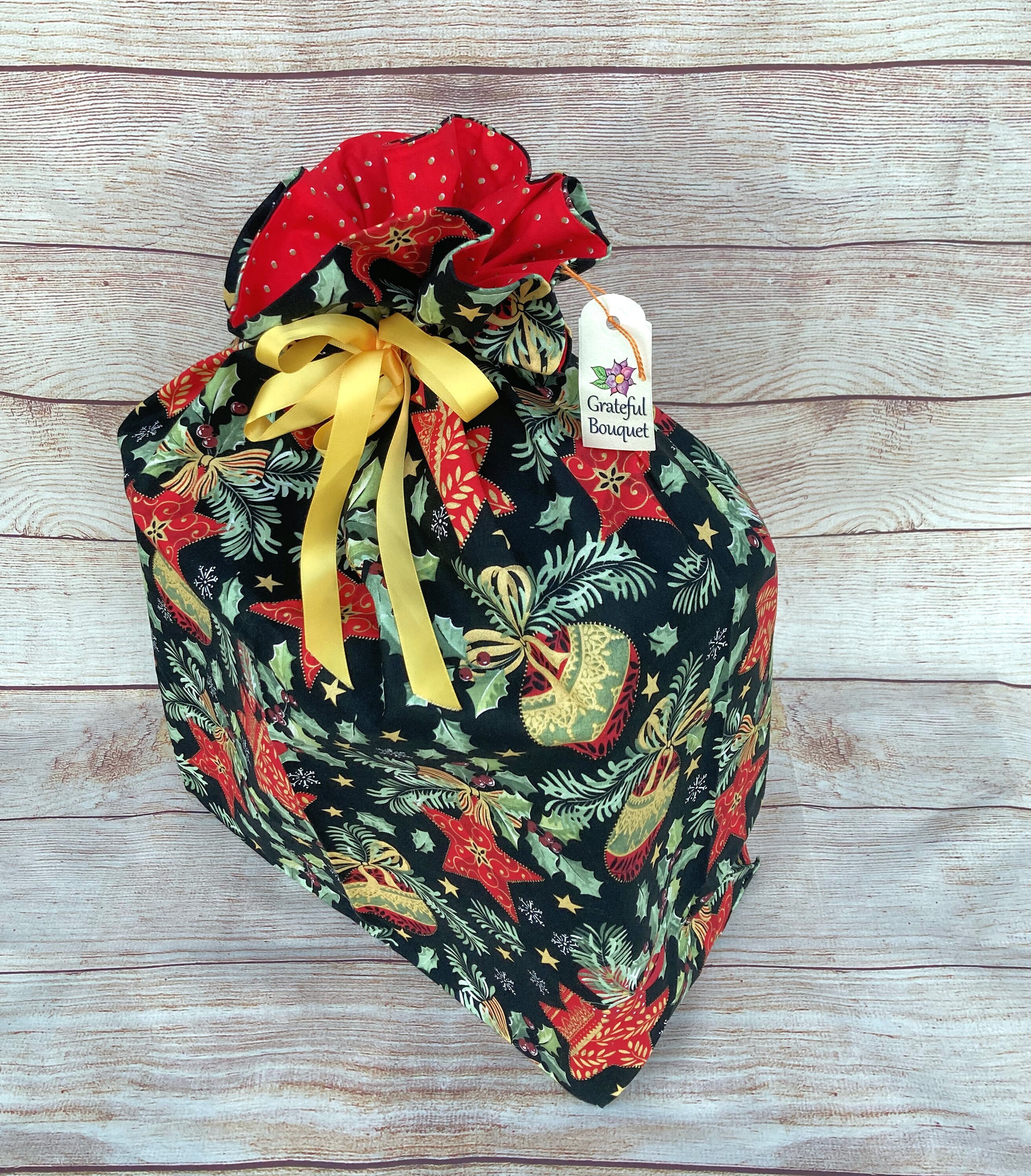 Reusable Cloth Bag; Old-World Style Black, Red, Holly, Large - Thumbnail 3