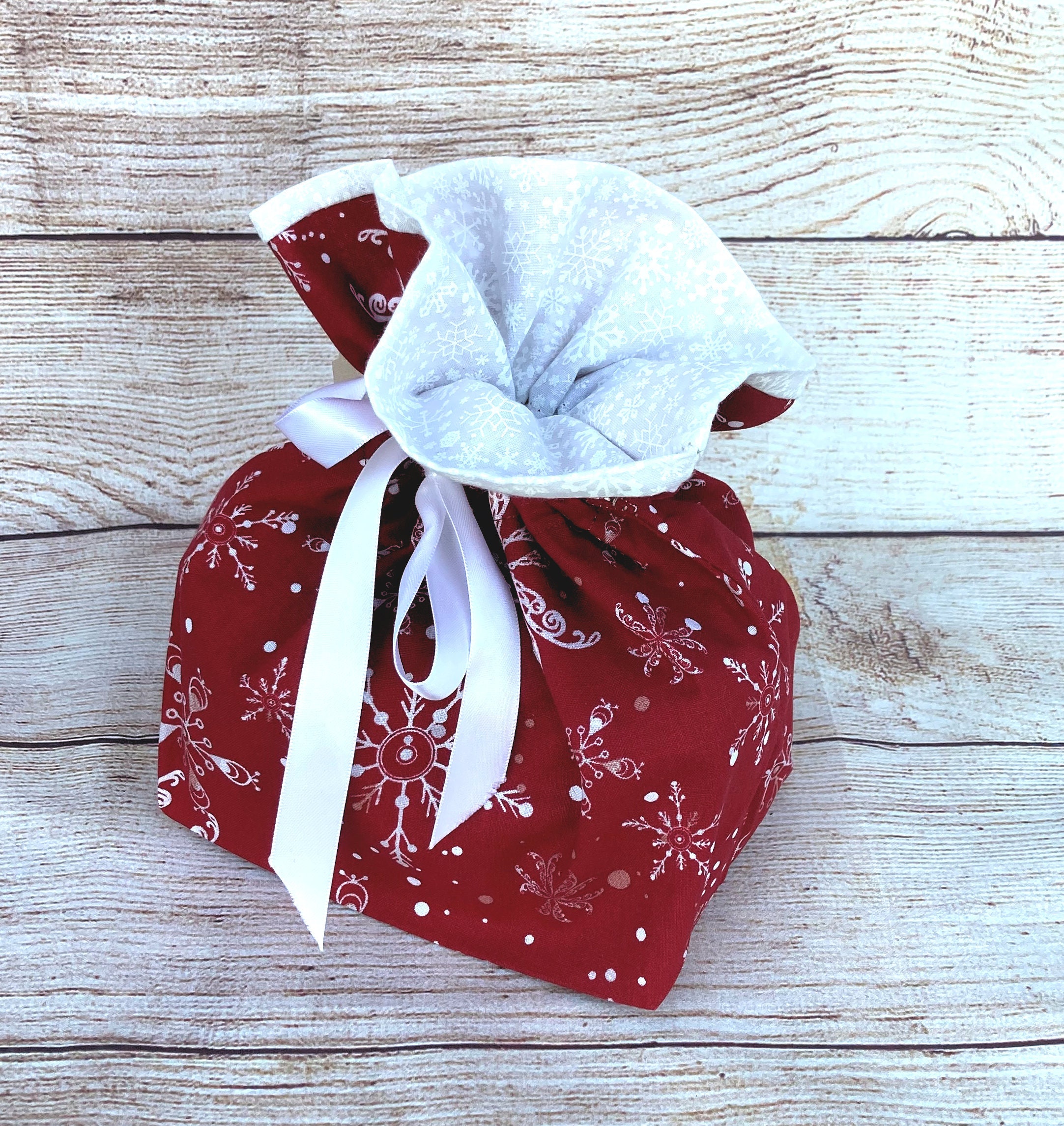 Reusable Cloth Gift Bag; Red-White Snowflake