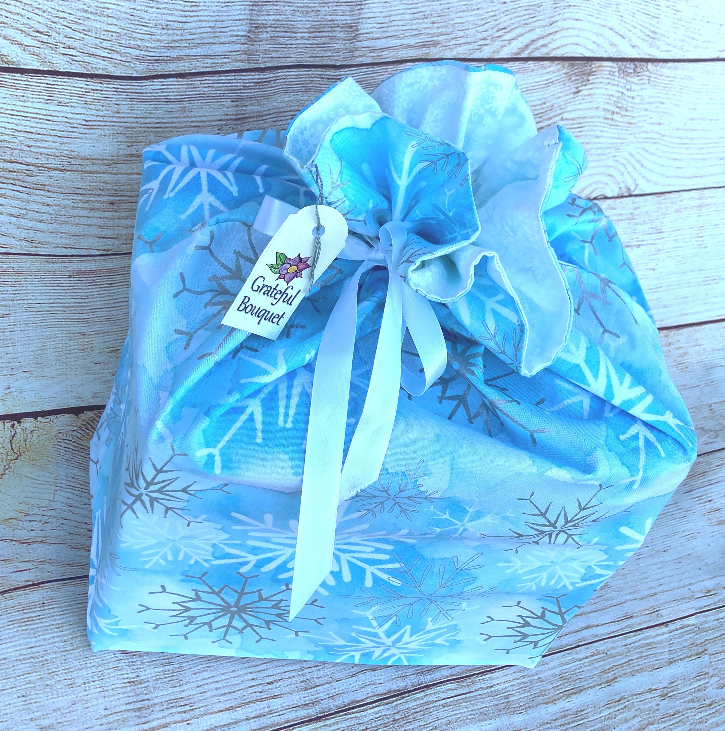 Reusable Cloth Bag; Blue & White Snowflakes - Thumbnail 3