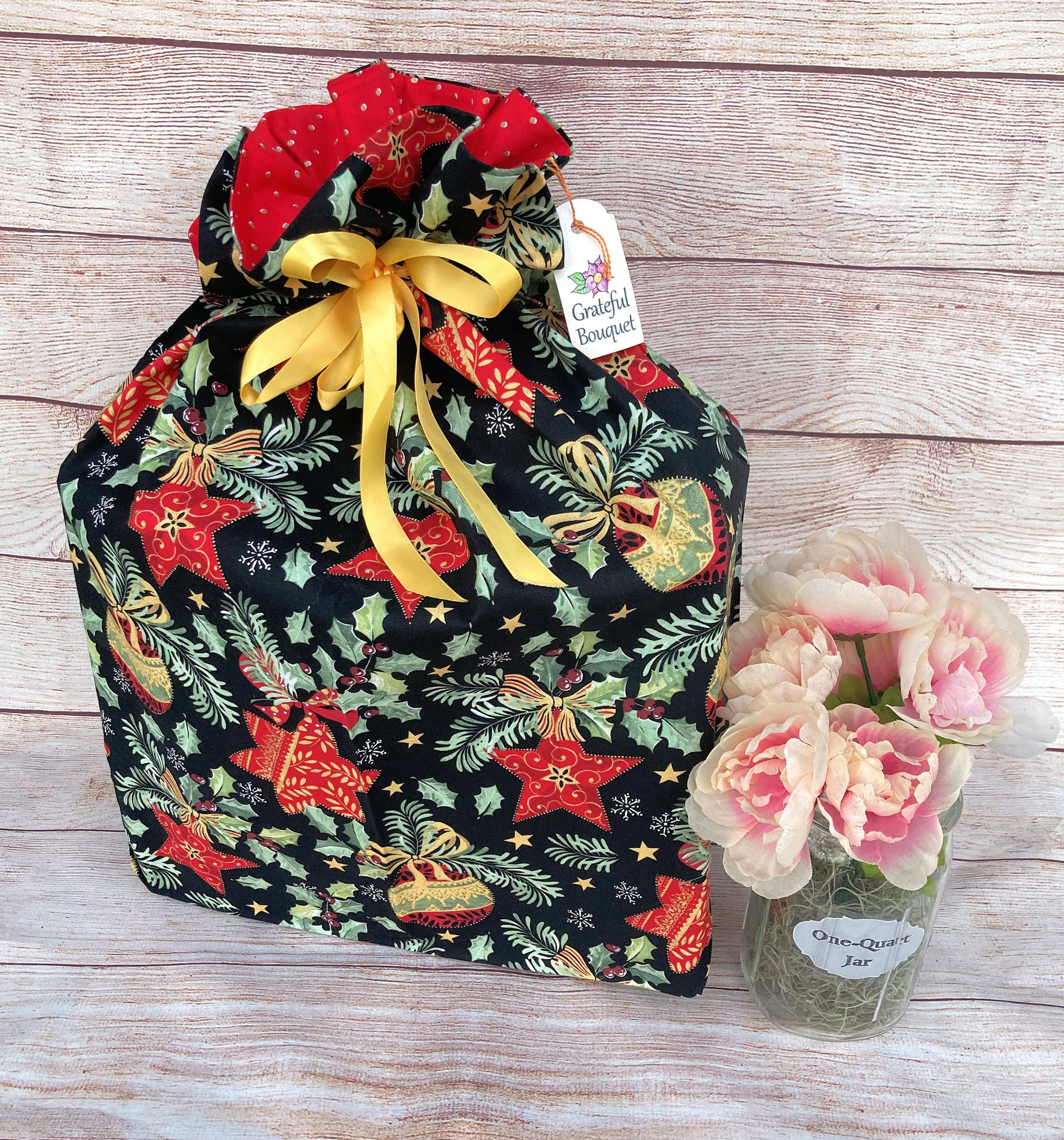 Reusable Cloth Bag; Old-World Style Black, Red, Holly, Large - Thumbnail 2