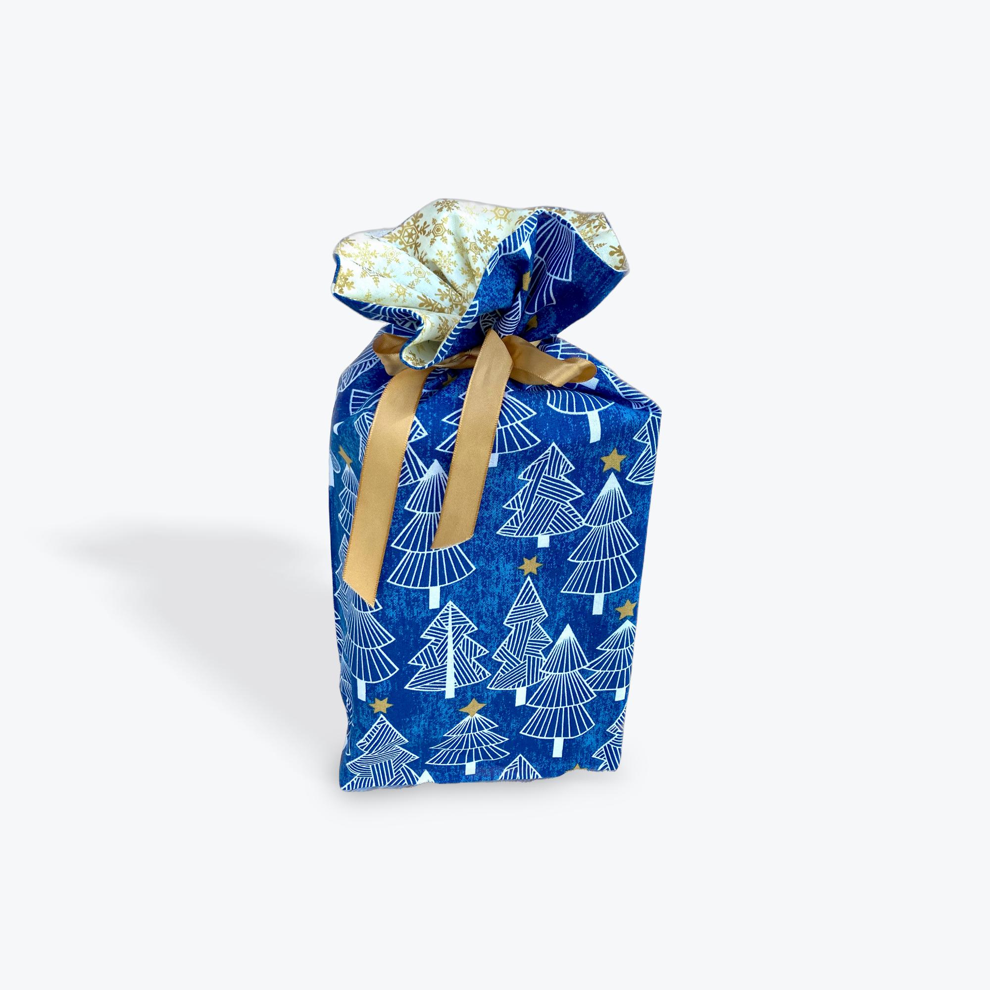 Reusable Cloth Gift Bag; Happy Holidays! Blue, white trees, Phat-Qtr size