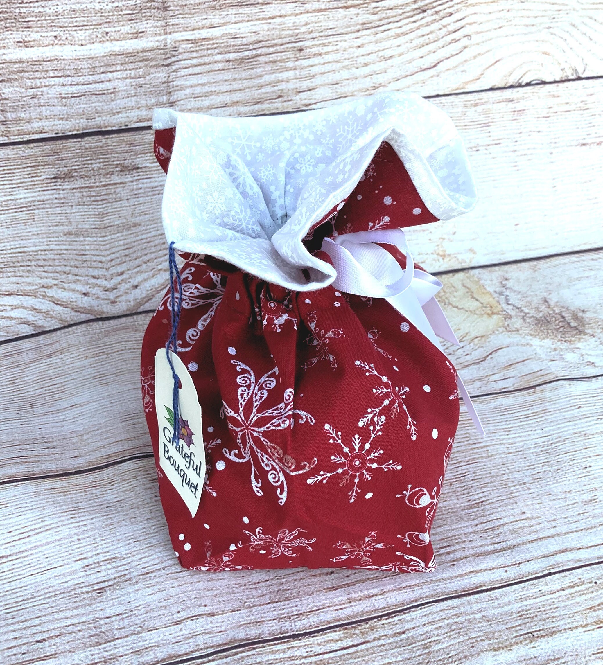 Reusable Cloth Gift Bag; Red-White Snowflake - Thumbnail 4