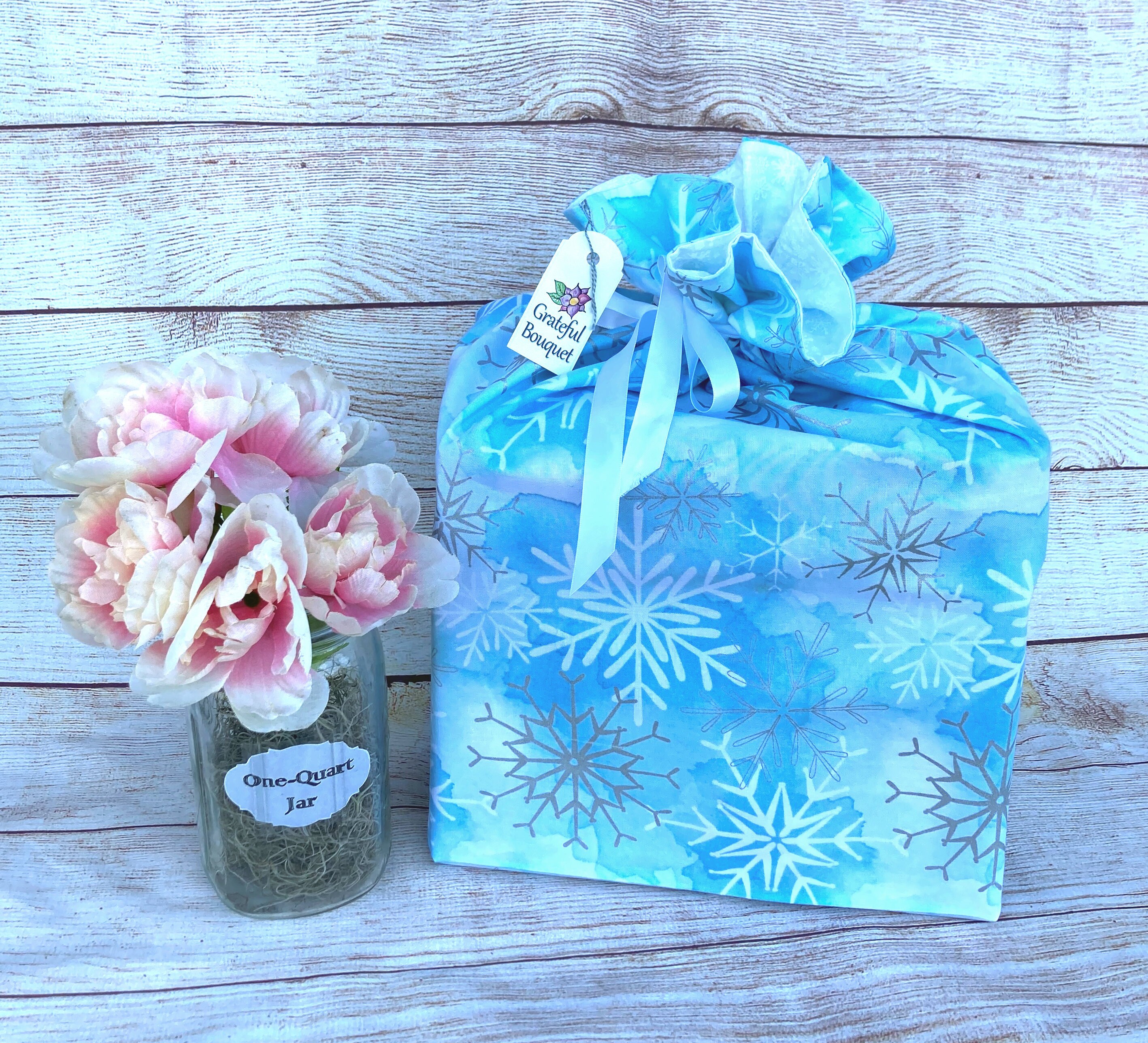 Reusable Cloth Bag; Blue & White Snowflakes - Thumbnail 2