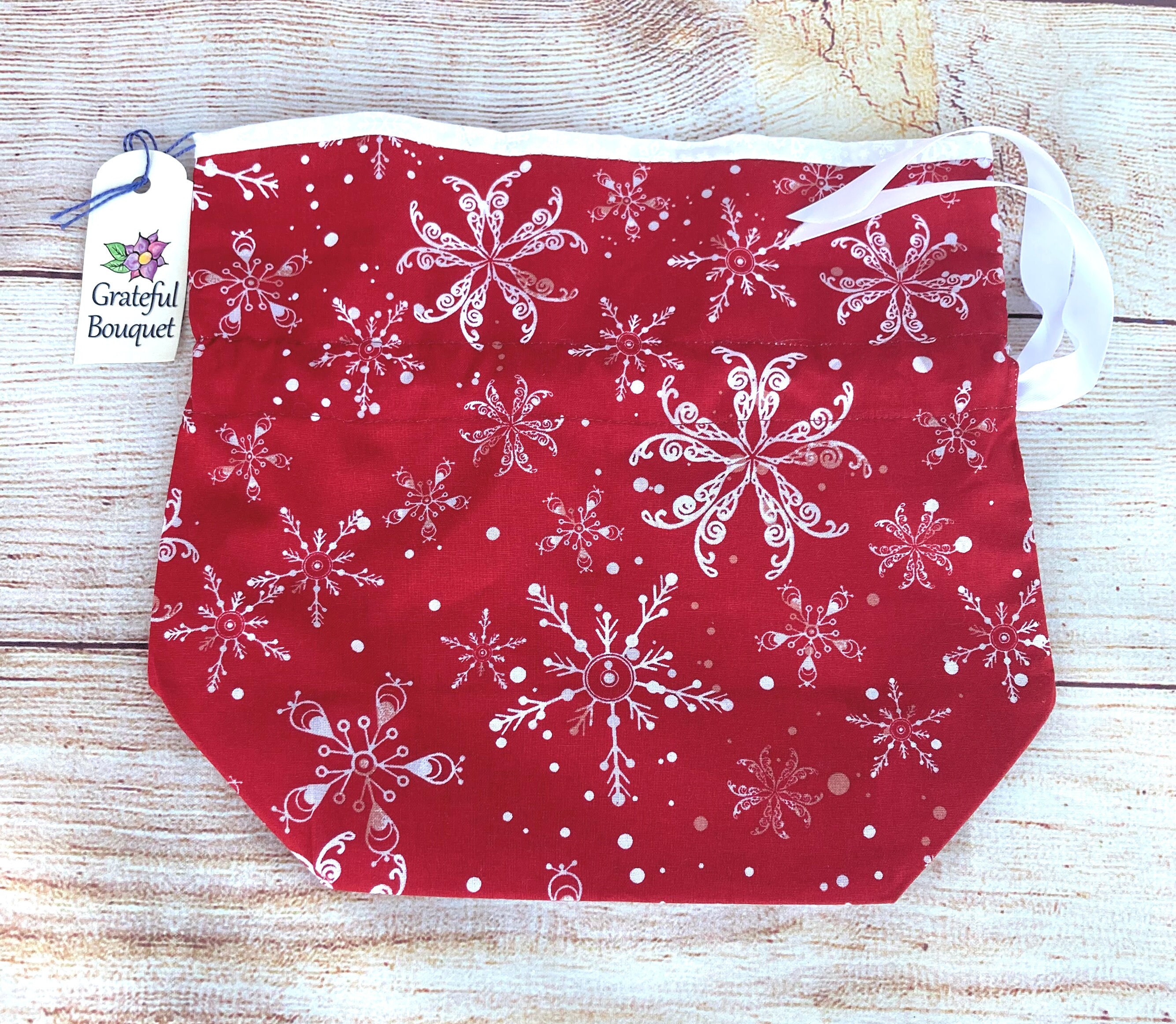 Reusable Cloth Gift Bag; Red-White Snowflake - Thumbnail 7