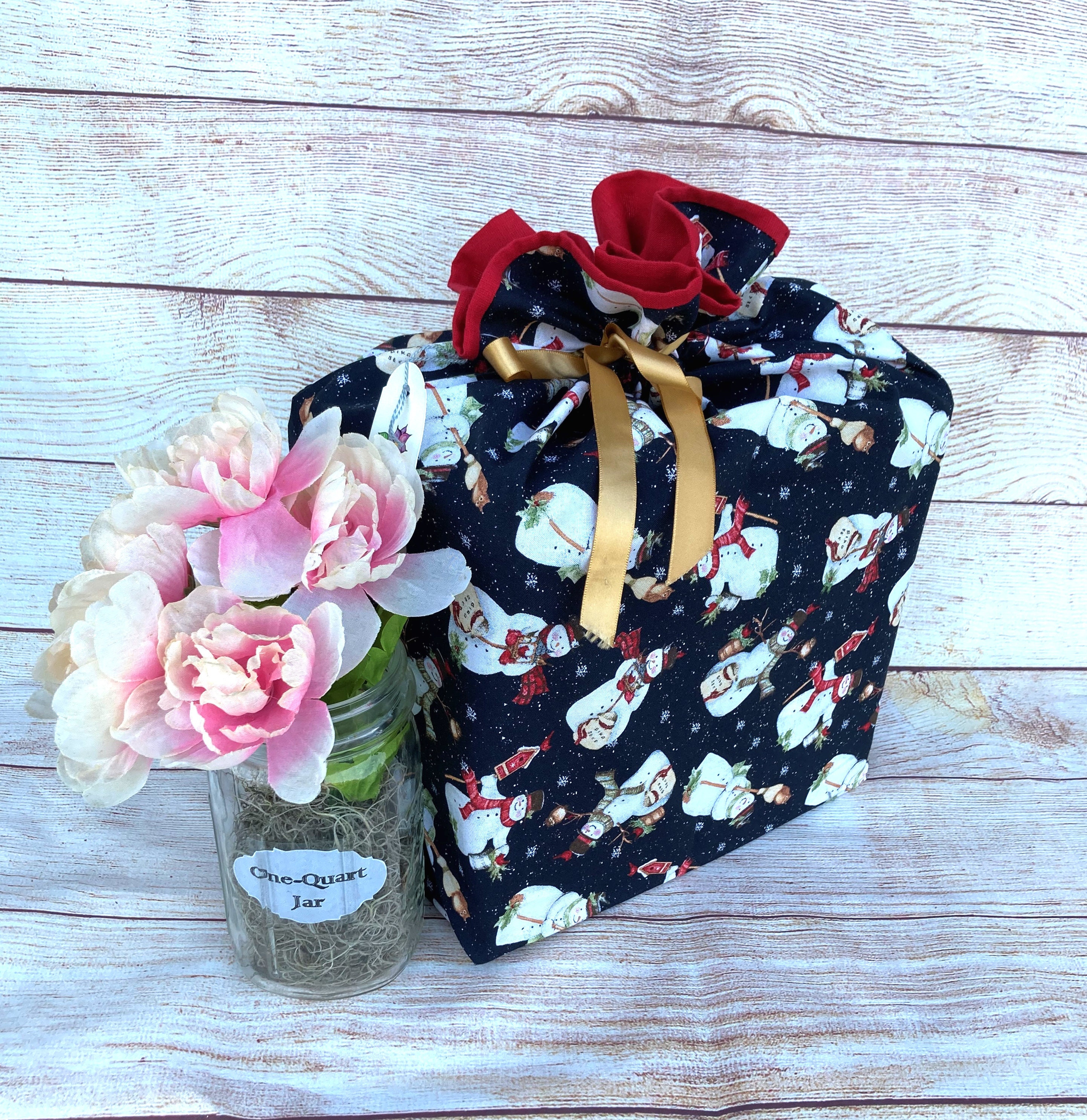 Reusable Cloth Bag; Black-red, medium. Snowmen. Cherries. - Thumbnail 4