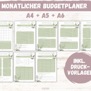 Puede incluir: Plantillas de presupuesto imprimibles en tamaños A4, A5 y A6. Las plantillas presentan un diseño floral verde e incluyen secciones para la planificación presupuestaria mensual, el seguimiento de los ahorros y el seguimiento de los gastos.