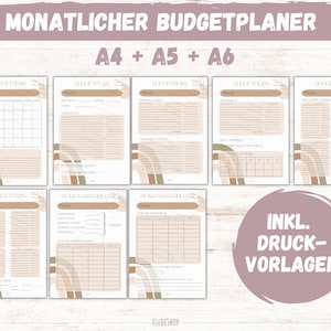 Puede incluir: Un conjunto de páginas de planificación presupuestaria imprimibles en tamaños A4, A5 y A6. Las páginas presentan un diseño minimalista con acentos marrones y beige. El texto "MONATLICHER BUDGETPLANER" está en la parte superior de la página. El texto "INKL. DRUCK-VORLAGEN" está en un círculo rosa en la parte inferior de la página.