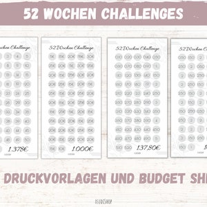 Könnte beinhalten: Vier weiße Karten mit floralem Design und dem Text "52 Wochen Challenges" und "52 Wochen Challenge". Jede Karte hat eine andere Reihe von Zahlen und Beträgen. Der Text "inkl. Druckvorlagen und Budget Sheets" steht unten.