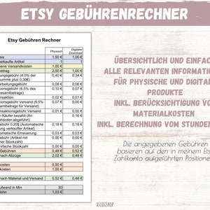 May include: A table showing Etsy fees for physical and digital products. The table includes fees for processing, transaction, shipping, and listing. The table also includes material costs and hourly wages. The text "ÜBERSICHTLICH UND EINFACH ALLE RELEVANTEN INFORMATIONEN FÜR PHYSISCHE UND DIGITALE PRODUKTE INKL. BERÜCKSICHTIGUNG VON MATERIALKOSTEN INKL. BERECHNUNG VOM STUNDENLOHN" is at the top of the table. The text "Die angegebenen Gebühren basieren auf den in meinem Etsy Zahlkonto aufgeführten Positionen." is at the bottom of the table.