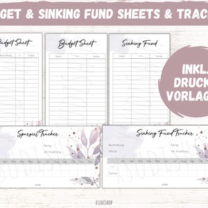 Może przedstawiać: Drukowalne arkusze budżetu i funduszy awaryjnych z akwarelowym wzorem kwiatowym. Arkusze zawierają sekcje na datę, opis i kwotę. Śledzące zawierają sekcje na miesiąc, opis i kwotę. Tekst "INKL. DRUCK-VORLAGEN" jest widoczny na obrazku.
