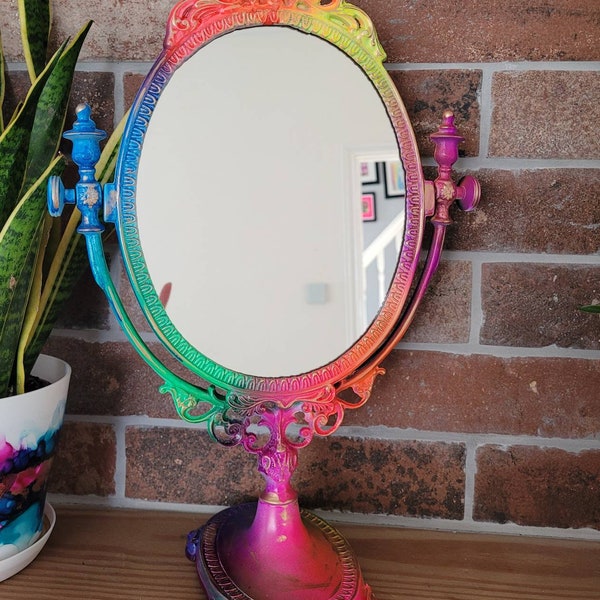 Upcycled Neon Graffiti Spray And Hand Painted Table Top Vanity Dressing Room Mirror by Neon Jax Rebellion