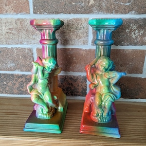 Upcycled Pair Of Cherub Candlestick Holders - Neon Graffiti Art By Neon Jax Rebellion