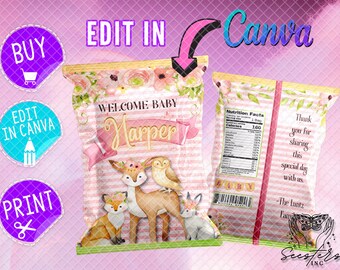 May include: Printable chip bag design featuring a pink and white striped background with floral accents. The design includes a deer, fox, owl, and bunny with a floral crown. The text "WELCOME BABY Harper" is displayed on the front of the bag.