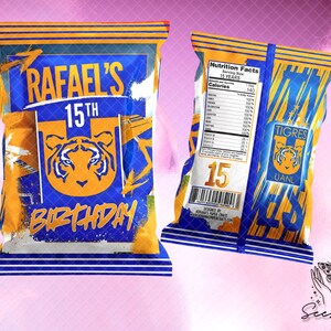 May include: A custom chip bag design with a blue and orange color scheme. The front of the bag reads "RAFAEL'S 15TH BIRTHDAY" with a tiger logo. The back of the bag displays nutrition facts and the text "TIGRES UANL".