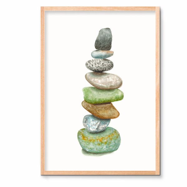 Balancing Stones Art Print, Earth Tone Watercolor Print, Peaceful Wall Art (Multiple Sizes)