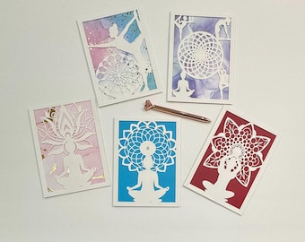 Tarjetas de meditación y yoga hechas a mano, juego de 5, papelería en blanco para la atención plena, paquete para estudio de yoga, tarjeta de felicitación de cumpleaños y agradecimiento para profesor de yoga