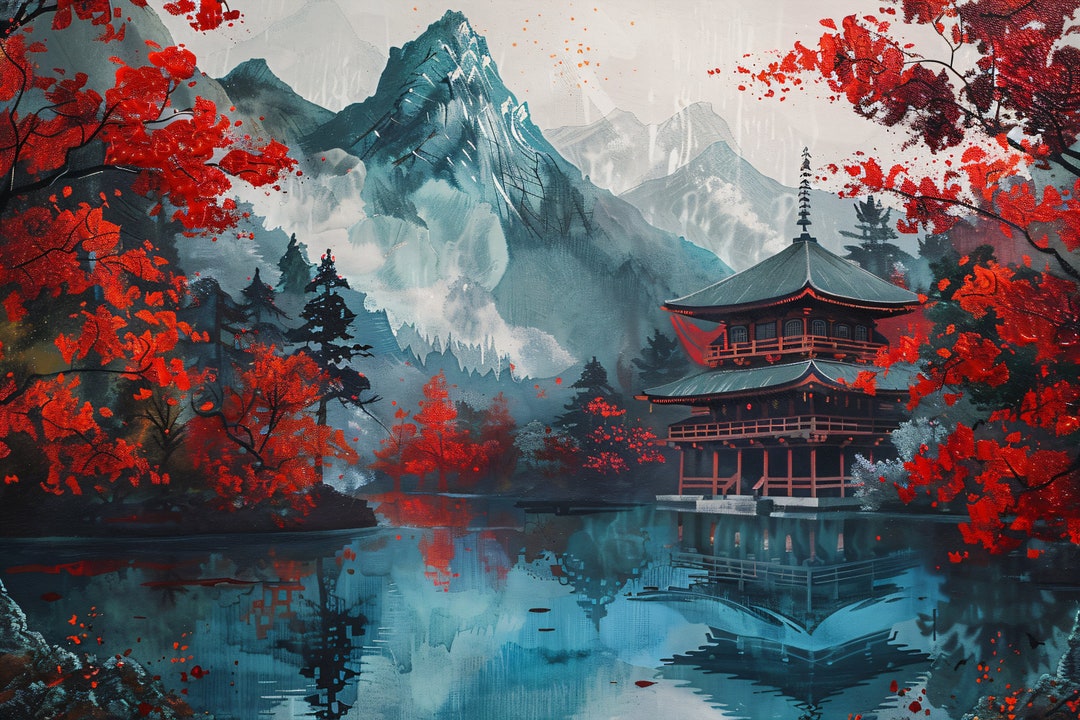 Japanese Temple Landscape Print – Mountain Lake Giclée Art - Etsy