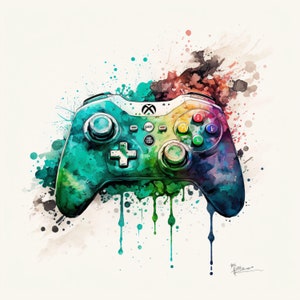 Puede incluir: Pintura a la acuarela de un mando de Xbox en colores vibrantes. El mando es principalmente turquesa y verde, con botones de colores arco&iacute;ris. Salpicaduras de pintura de varios colores rodean el mando, creando un efecto din&aacute;mico. El logotipo de Xbox es visible.