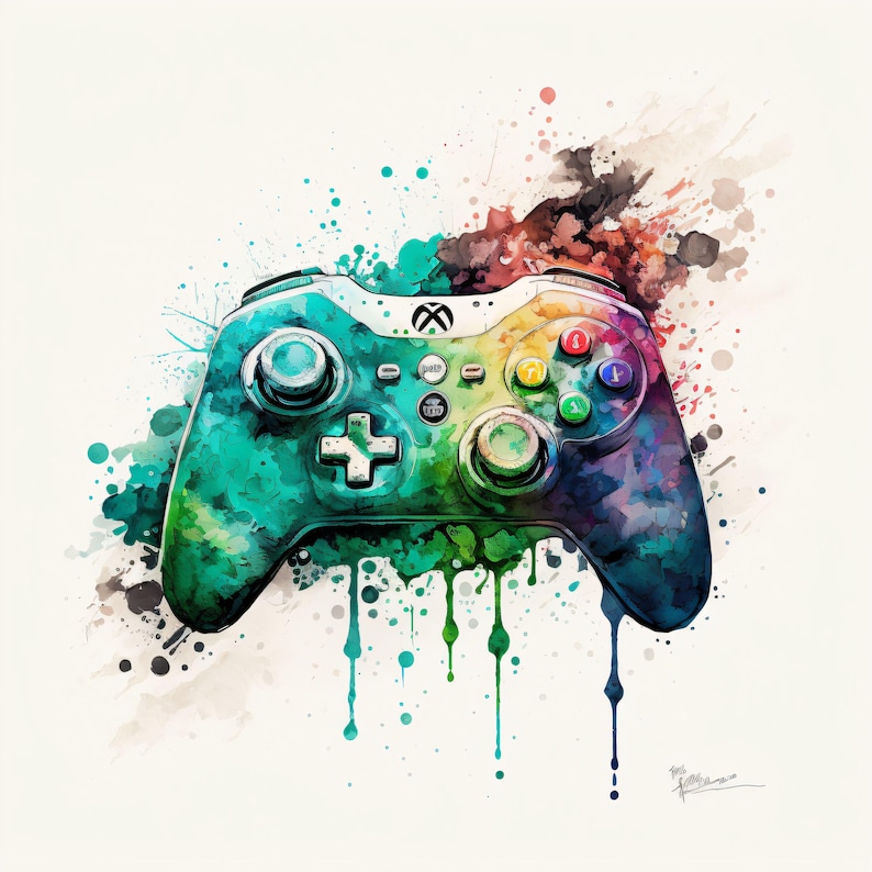 Puede incluir: Pintura a la acuarela de un mando de Xbox en colores vibrantes. El mando es principalmente turquesa y verde, con botones de colores arco&iacute;ris. Salpicaduras de pintura de varios colores rodean el mando, creando un efecto din&aacute;mico. El logotipo de Xbox es visible.
