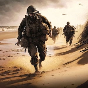 Soldiers on Omaha Beach - Canvas, Metal, Acrylic, Framed, or Giclee (Museum Quality Print)  - Mounting Hardware Included!