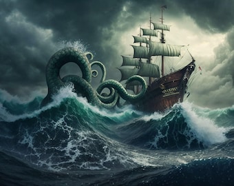 Sea Monster Attacking Ship Art Print – Moody Nautical Artwork