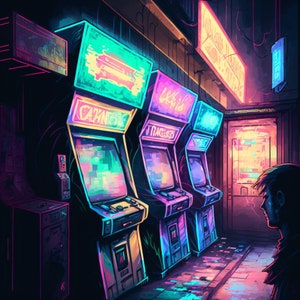 Neon Arcade - Canvas, Metal, Acrylic, Framed, or Giclee (Museum Quality Print)  - Mounting Hardware Included!