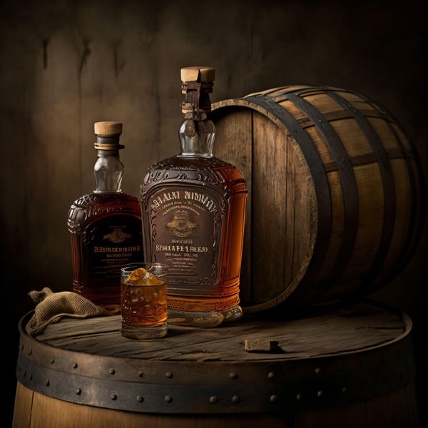 Bourbon Bottles and Glasses on Barrels - Canvas, Metal, Acrylic, or Giclee Quality Prints  - Mounting Hardware Included!