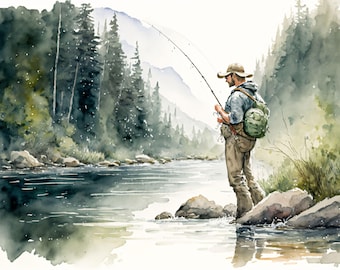 Fly Fisherman Watercolor Art Print – Serene River Scene