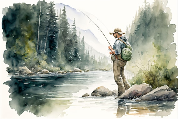 Fly Fisherman in a Watercolor Style Canvas, Metal, Acrylic, or Giclee  Quality Prints Mounting Hardware Included -  Finland