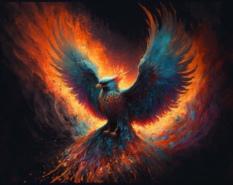 Colorful Phoenix on Fire Art Print – Mythical Bird Giclee