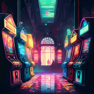 Neon Arcade - Canvas, Metal, Acrylic, Framed, or Giclee (Museum Quality Print)  - Mounting Hardware Included!