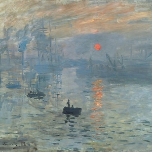 May include: Impressionist painting of a harbor at dawn. The artwork features a red sun reflecting on the water, with boats and industrial structures in the background. The color palette is dominated by blues, grays, and oranges.