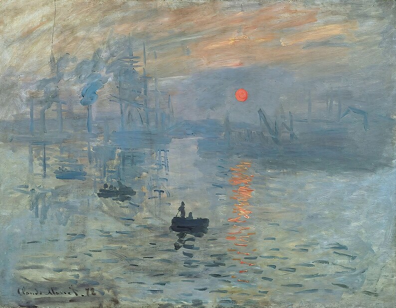 May include: Impressionist painting of a harbor at dawn. The artwork features a red sun reflecting on the water, with boats and industrial structures in the background. The color palette is dominated by blues, grays, and oranges.
