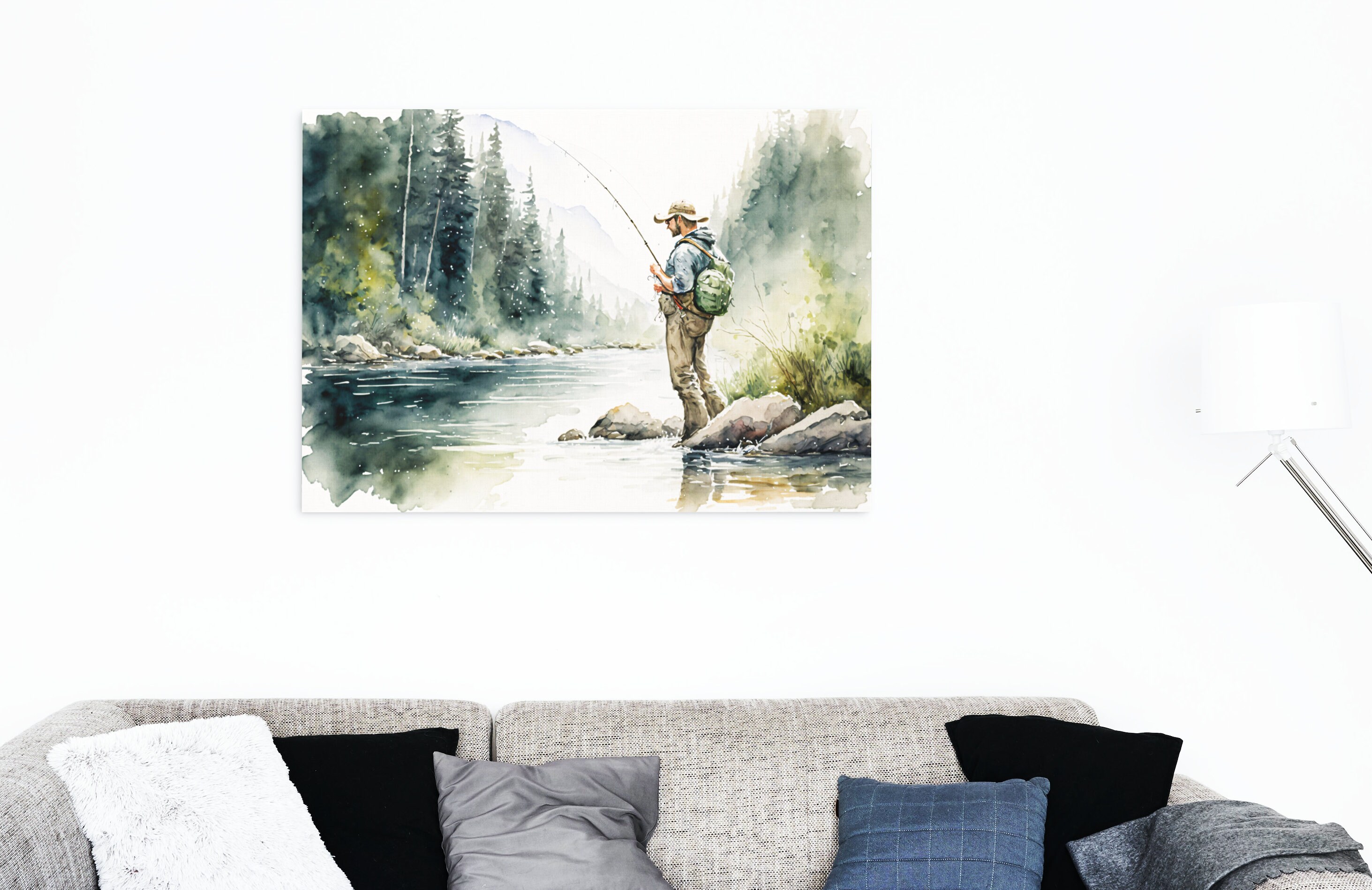 Fly Fisherman in a Watercolor Style - Canvas, Metal, Acrylic, or Giclee  Quality Prints - Mounting Hardware Included!