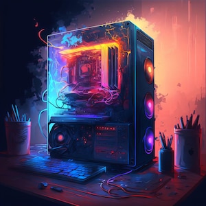 Puede incluir: Ilustraci&oacute;n digital de una computadora de escritorio con un interior brillante. La carcasa de la computadora es negra con tres ventiladores circulares iluminados. Un teclado y un rat&oacute;n est&aacute;n frente a la computadora. La escena est&aacute; iluminada con colores ne&oacute;n.