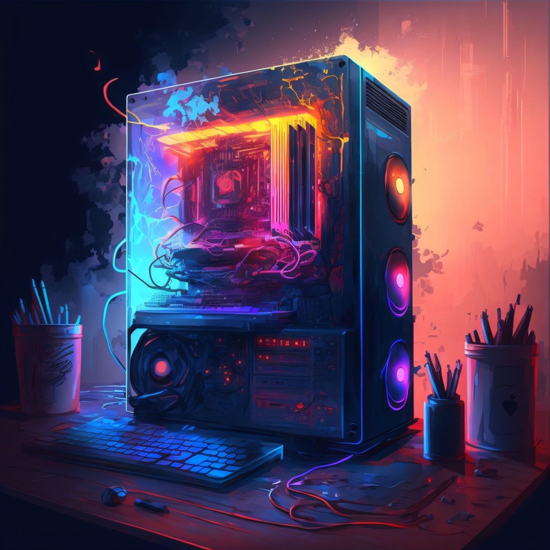 Puede incluir: Ilustraci&oacute;n digital de una computadora de escritorio con un interior brillante. La carcasa de la computadora es negra con tres ventiladores circulares iluminados. Un teclado y un rat&oacute;n est&aacute;n frente a la computadora. La escena est&aacute; iluminada con colores ne&oacute;n.
