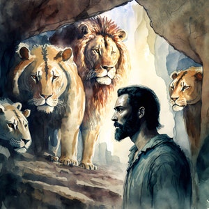 Daniel in the Lions Den - Canvas, Metal, Acrylic, Framed, or Giclee (Museum Quality Print)  - Mounting Hardware Included!