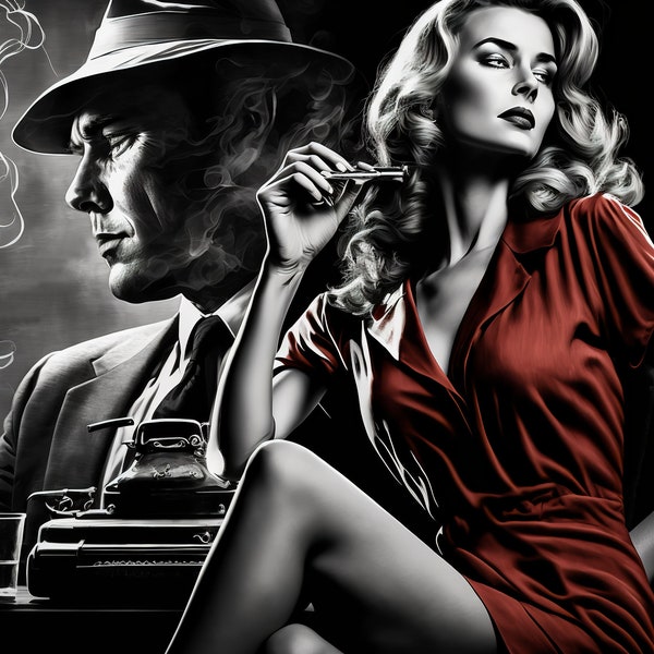 Film Noir Woman in Red - Canvas, Metal, Acrylic, or Giclee Quality Prints  - Mounting Hardware Included!