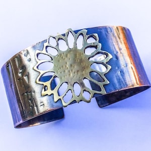 Textured Copper Cuff with Brass Sunflower Accent