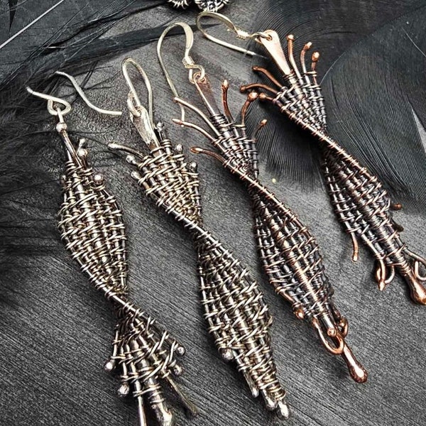 Wire weave earrings, sterling silver, dangle earrings, boho chic jewelry, unique artisan jewelry, statement earrings, boho chic earrings