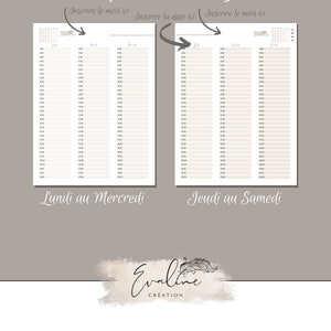 Peut inclure: Un modèle d'agenda imprimable avec un fond beige. Le modèle est divisé en deux sections, l'une pour le lundi au mercredi et l'autre pour le jeudi au samedi. Chaque section a une colonne pour l'heure de la journée, de 7h00 à 23h00, et une colonne pour chaque jour de la semaine. Le modèle comprend un espace pour écrire le mois et la date.