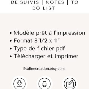 Puede incluir: Un imprimible digital con el texto "FICHE CLIENTE | FEUILLES DE SUIVIS | NOTES | TO DO LIST". El documento est&aacute; listo para imprimir, en formato 21,6 x 27,9 cm, y es un archivo PDF. Tambi&eacute;n se incluye la URL de la tienda Etsy.