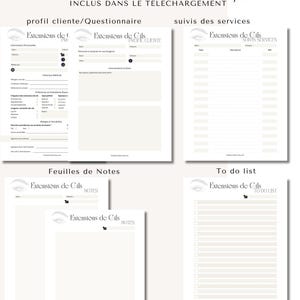 Puede incluir: Un conjunto de formularios imprimibles para un negocio de extensiones de pesta&ntilde;as. Los formularios incluyen un perfil de cliente/cuestionario, hojas de seguimiento de servicios, hojas de notas y una lista de tareas. Los formularios tienen un dise&ntilde;o minimalista con el texto "Extensions de Cils".
