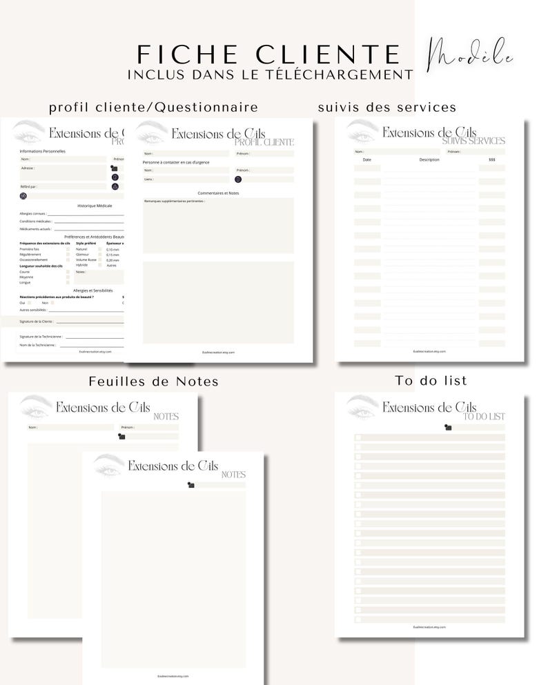 Puede incluir: Un conjunto de formularios imprimibles para un negocio de extensiones de pesta&ntilde;as. Los formularios incluyen un perfil de cliente/cuestionario, hojas de seguimiento de servicios, hojas de notas y una lista de tareas. Los formularios tienen un dise&ntilde;o minimalista con el texto "Extensions de Cils".