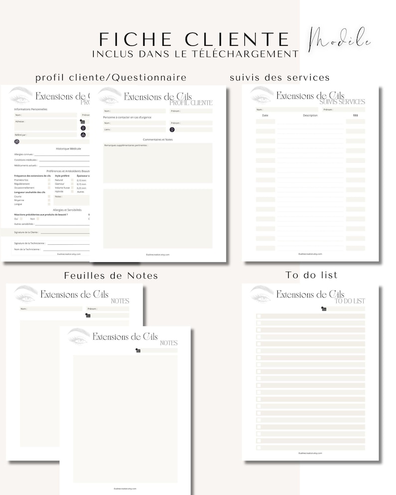 Puede incluir: Un conjunto de formularios imprimibles para servicios de extensiones de pesta&ntilde;as. Los formularios incluyen un perfil de cliente/cuestionario, hojas de seguimiento de servicios, hojas de notas y una lista de tareas. Los formularios tienen un dise&ntilde;o minimalista con el texto "Extensions de Cils".